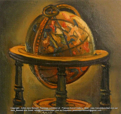 Miniature still life oil painting of celestial globe, antique navigation instrument, oil painting by artist Jane Bennett